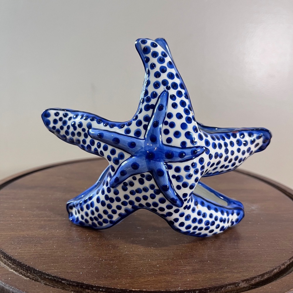 Vtg Blue Sky Pottery Starfish Bowl Diane 2002 Blue White Dotted Coastal Decor 5"